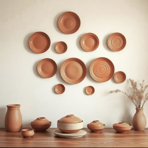 2026 kitchen wall decor trend: handmade ceramic plates arranged as wall art