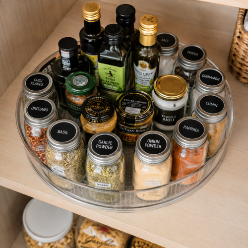 A Lazy Susan turntable on a pantry shelf fully loaded with spice jars