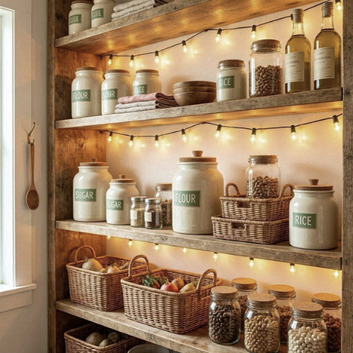 A beautifully styled pantry with cream-colored containers