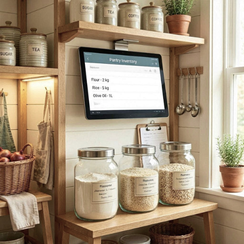 A modern pantry with a small mounted tablet showing a pantry inventory app