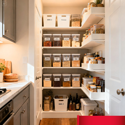 A narrow kitchen cabinet converted into a mini pantry with extra shelves added
