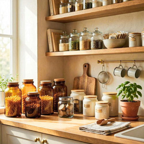 A pantry counter and shelf where everything from olive oil