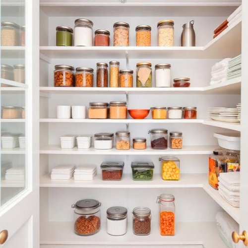 A spare, minimal pantry with open shelving