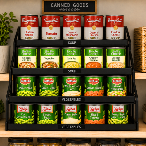A tiered can organizer on a pantry shelf holding