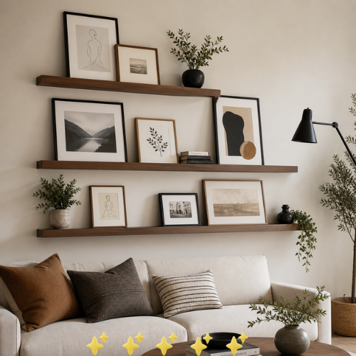 living room wall with layered picture ledges, leaning art frames