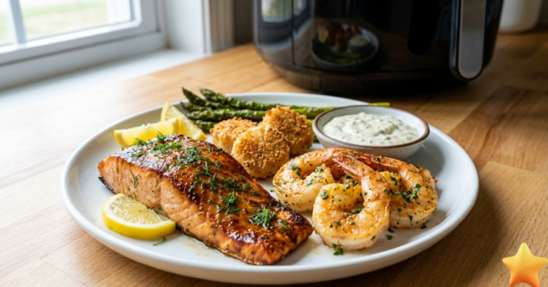 Honey garlic air fryer salmon with sesame seeds and scallions on a dark plate