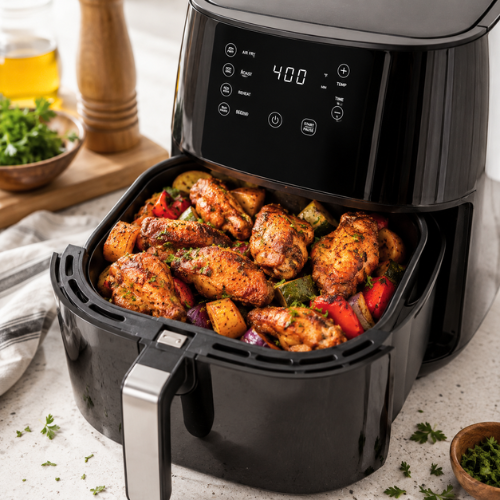 Air fryer cooking crispy healthy chicken wings with minimal oil