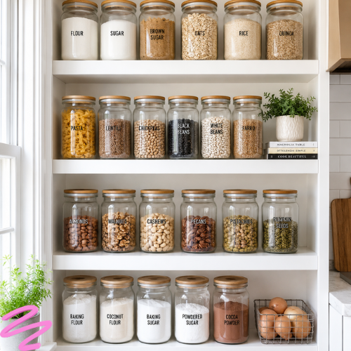 Bright organized pantry shelf with matching clear glass jars labeled