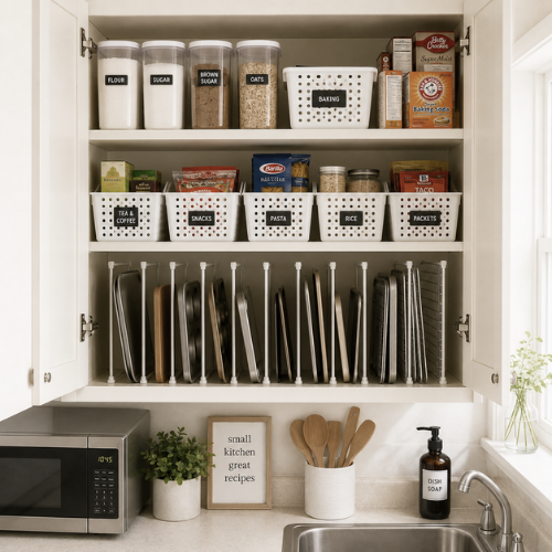 budget kitchen cabinet organization with dollar store bins and tension rod dividers for baking trays
