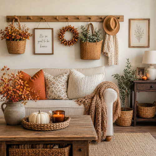living room with peg rail wall decor, hanging baskets and seasonal accessories