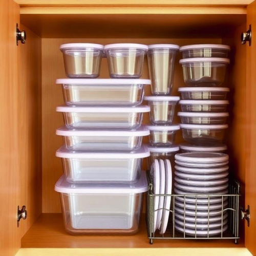 cabinet shelf with neatly organized clear food storage containers