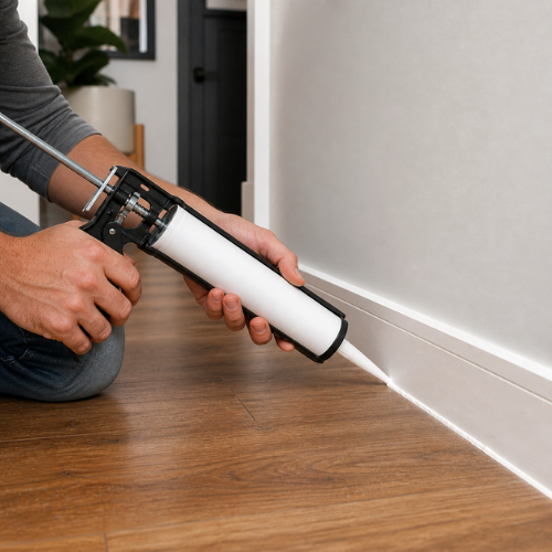 Person applying white caulk along baseboard with caulking gun in modern home interior