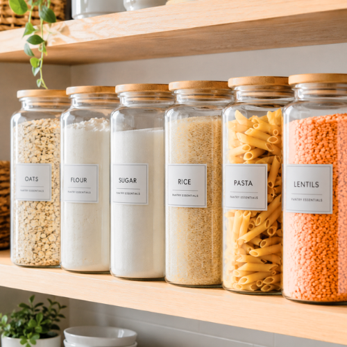 A close-up of a pantry shelf lined with matching clear glass containers filled