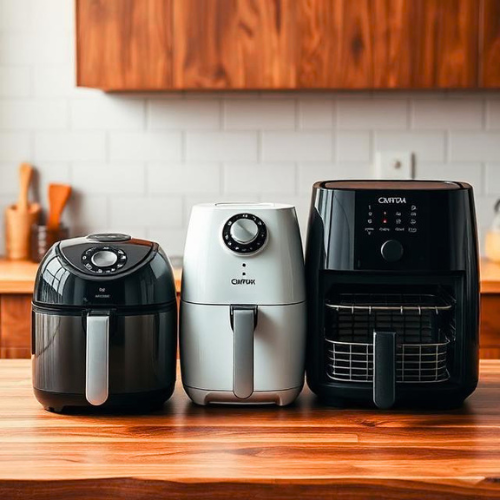 Collection of different air fryer models on kitchen counter — basket, oven, and compact styles compared | Air Fryer Buying Guides