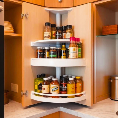 corner kitchen cabinet with two-tier white Lazy Susan holding organized spice jars and oils
