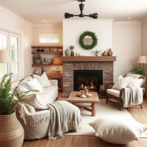 Cozy farmhouse living room with soft textiles blankets cushions warm lighting