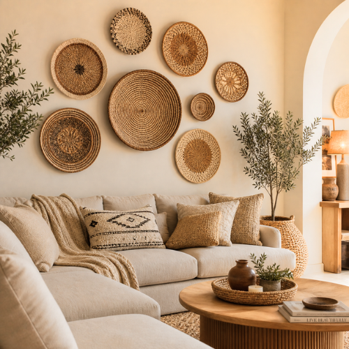 living room with woven basket wall decor, textured boho wall arrangement, warm cozy interior
