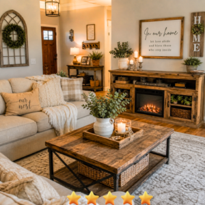 Cozy farmhouse living room with rustic wood decor, neutral colors