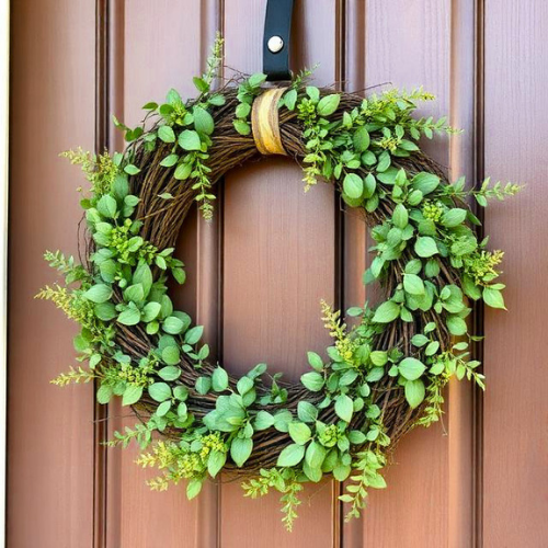 DIY farmhouse wreath with greenery natural rustic front door decor