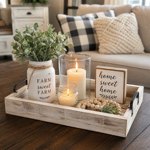 DIY wooden tray farmhouse style on coffee table with candles and decor items