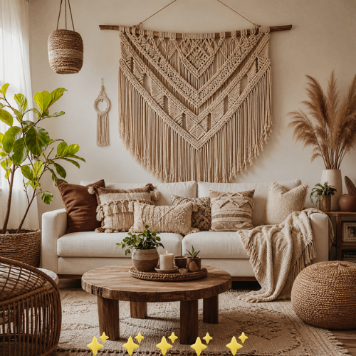 boho living room with large DIY macrame wall hanging