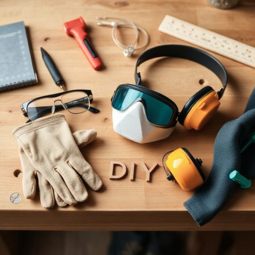 diy safety gear laid out on gloves goggles dust mask and ear protection