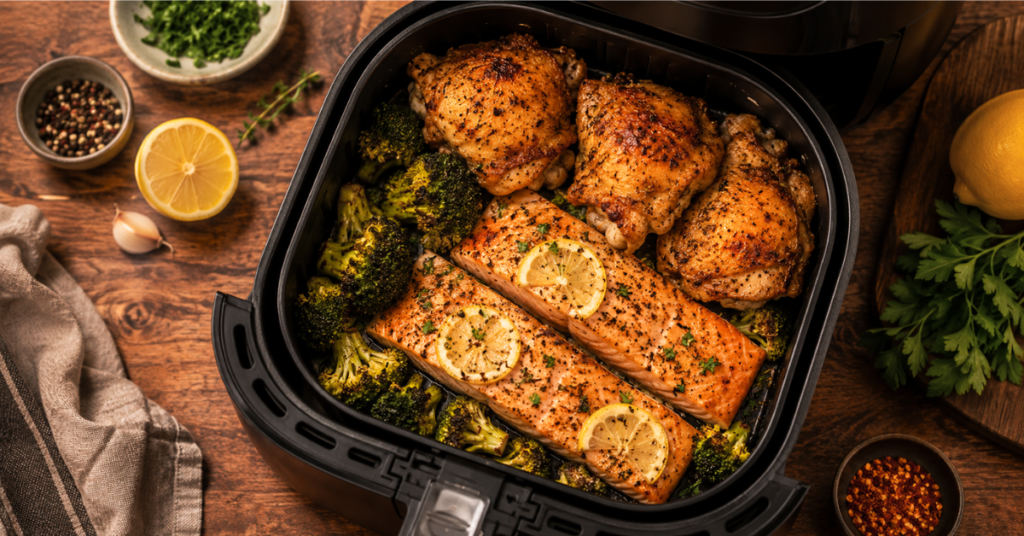 easy air fryer dinner recipes spread with chicken, salmon, and vegetables on a wooden cutting board
