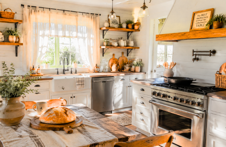 a stunning ultra-realistic modern farmhouse kitchen interior for a luxury home decor