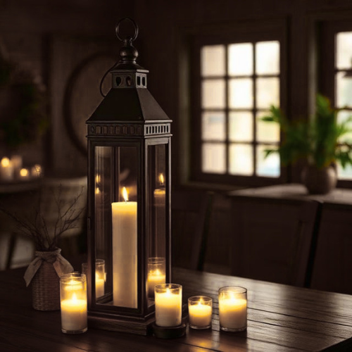 Farmhouse lantern decor with candles warm lighting cozy rustic interior