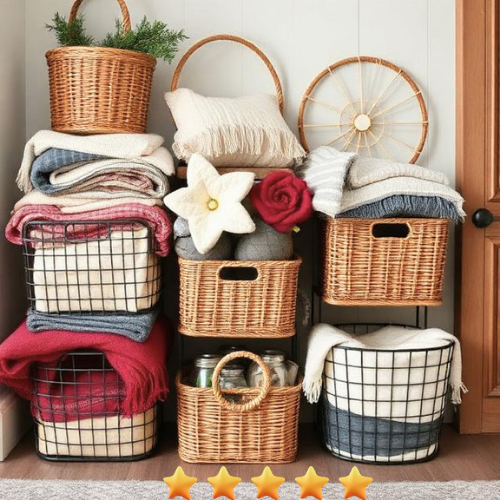 Farmhouse storage with wire baskets blankets cozy organized home