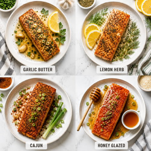 Four air fryer salmon variations: garlic butter, lemon herb, Cajun spicy, and honey glazed, served on white ceramic plates