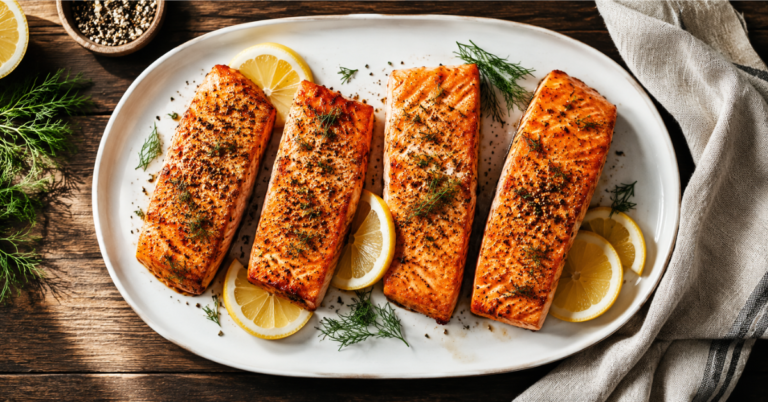 Four perfectly cooked air fryer salmon fillets with crispy edges on a white platter, garnished with lemon and fresh herbs