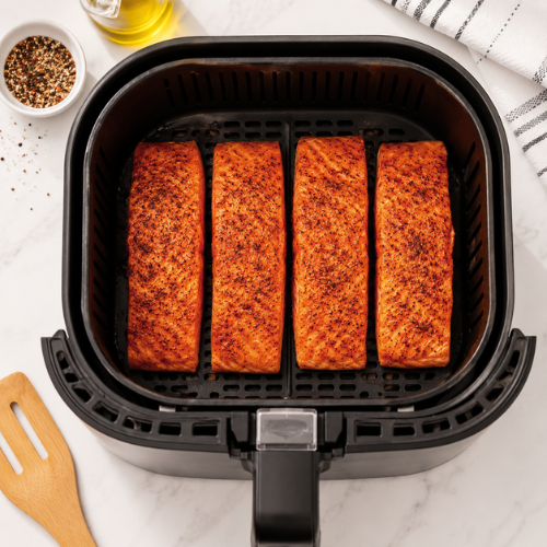 Seasoned salmon fillets arranged in a single layer in an air fryer basket ready to cook