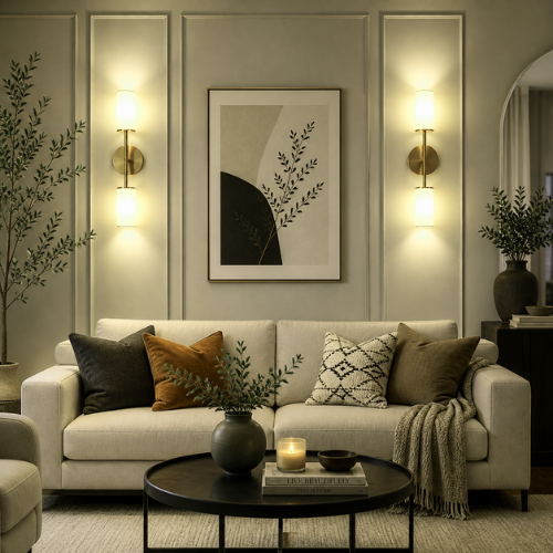 living room wall with decorative sconces, warm ambient lighting, elegant modern decor