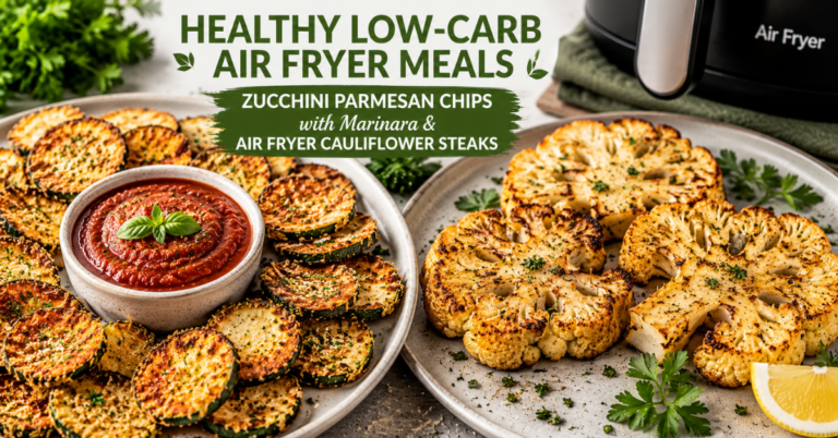 Healthy Low-Carb Air Fryer Meals, Zucchini Parmesan Chips with Marinara and Air Fryer Cauliflower Steaks