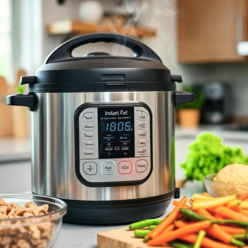 Instant Pot pressure cooker cooking healthy family dinner in modern kitchen