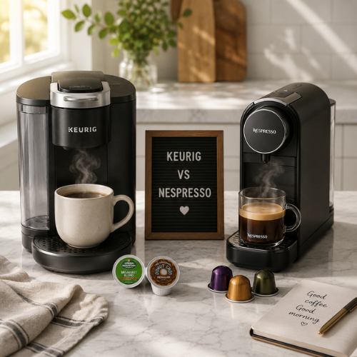 Nespresso vs Keurig coffee maker comparison on kitchen counter