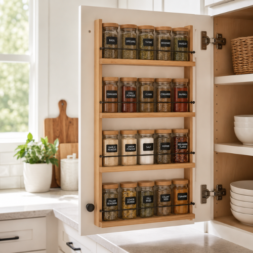 kitchen cabinet door with mounted spice rack holding organized labeled spice jars