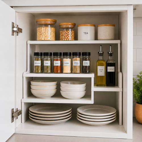 Kitchen cabinet tiered shelves organized