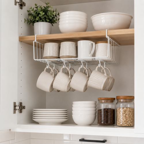kitchen cabinet with under-shelf wire basket holding mugs hanging below the shelf