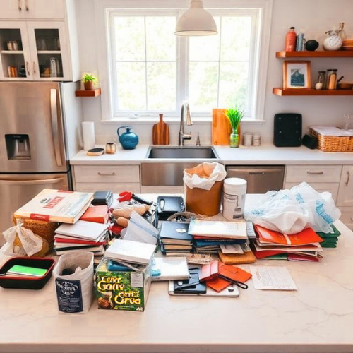 kitchen decluttering process with items