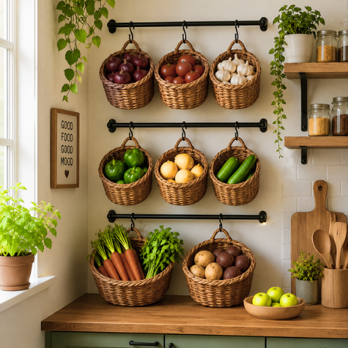 Kitchen hanging baskets fruits vegetables organized space