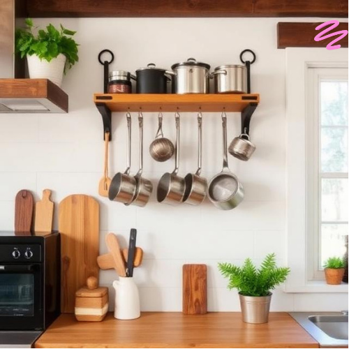 kitchen hanging pots rack wall mounted rustic modern design