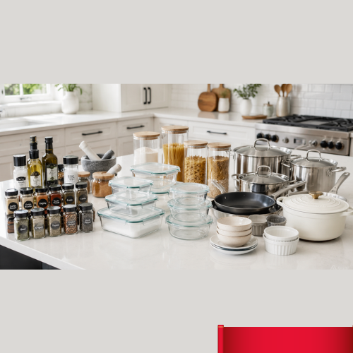 kitchen items grouped by category on a clean white counter
