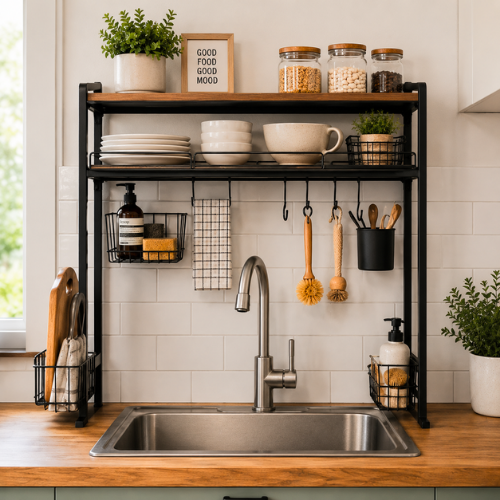 kitchen over sink shelf storage organized compact space