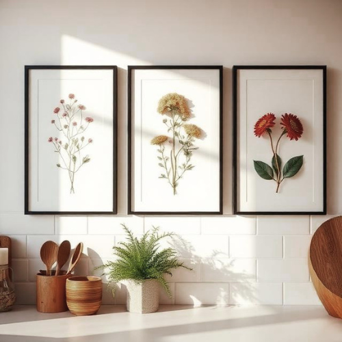 Kitchen wall art ideas featuring a vertical gallery of botanical botanical prints