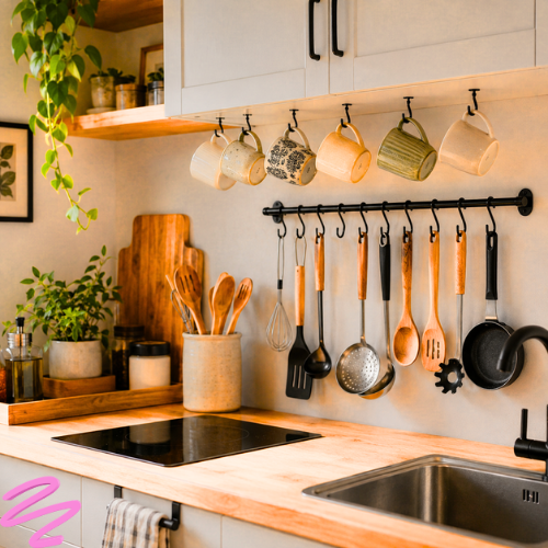 Small cozy kitchen with mugs hanging from under-cabinet hooks