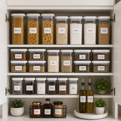 Labeled kitchen containers organized small kitchen