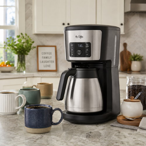 Large capacity thermal carafe coffee maker brewing on a spacious family kitchen counter with multiple coffee mugs