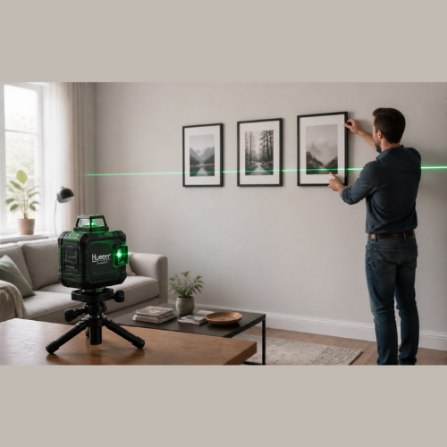 Laser level projecting green horizontal line on modern living room wall